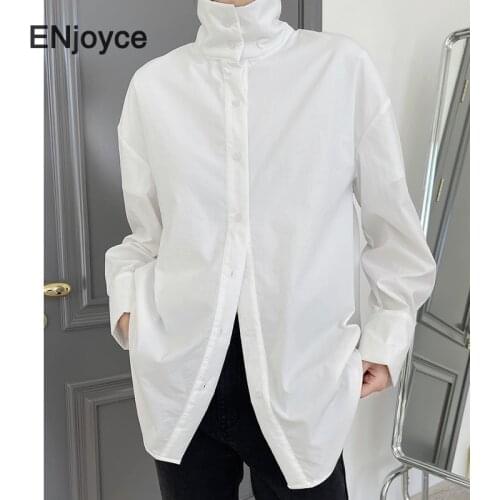 Spring Fall Vintage Stand Collar Long Sleeve Shirts Women Fashion Korean Style Clothing Ladies Casual Loose White Shirt Workwear