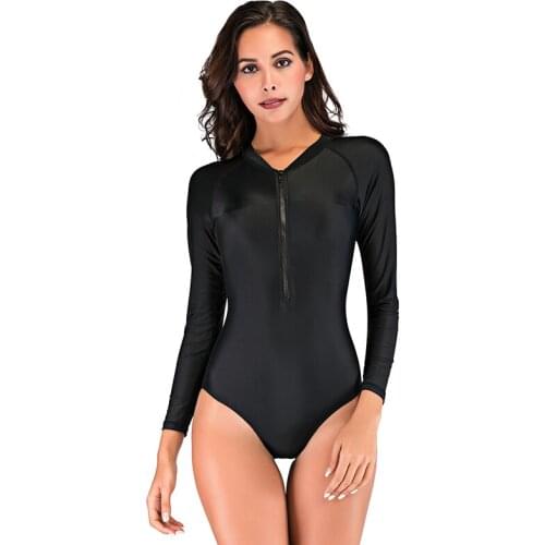 SBART Women Solid Color Front Zipper Swimsuit Rash Guard Long Sleeves Swimwear Rashguard Surf Wear Bodysuit Bathing Suit