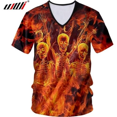UJWI Summer Loose Sports Man V Neck Tshirt 3D Printed Hip Hop Mens Oversized Tee Shirt Funny Dance Flame Skulls T-shirt