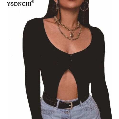 YSDNCHI Black Crop Top Split Ladies Long Sleeve Elegant Plain Femme Tank Party Bodycon Buttons Streetwear Women Sexy Short Tee