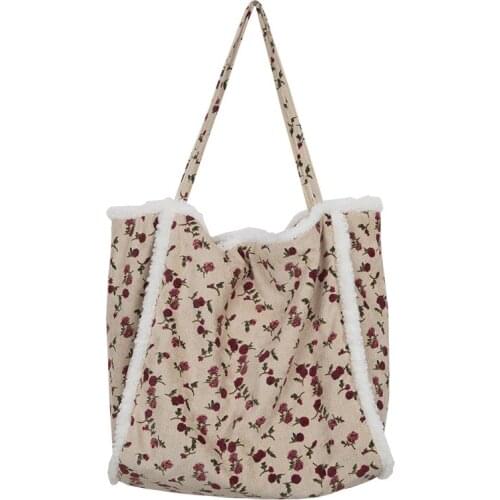 Female Bag Large-Capacity Open Casual Handbag Lamb Wool Womens Soft Cute Bag New Retro College Style Shoulder Bag Stitching