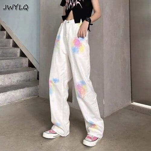 Plus Size Womens Tie Dye Jeans 2021 New Autumn Straight Casual Loose Wide Leg Pants Thin Korean Style Harajuku Lady Denim Pants