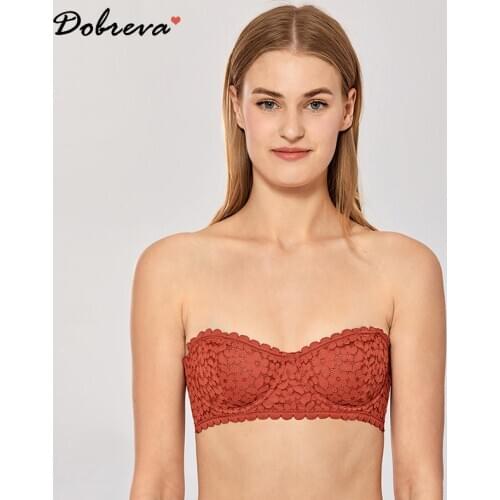 DOBREVA Womens Lace Strapless Balconette Bandeau Tube Top Unlined Underwire Bra