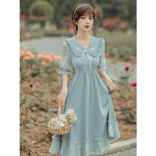 Women Navy Collar Embroidered Sweet Summer Kawaii Dress Net Yarn Sequins Blue Gentle Lovely College Style Dresses Vestidos