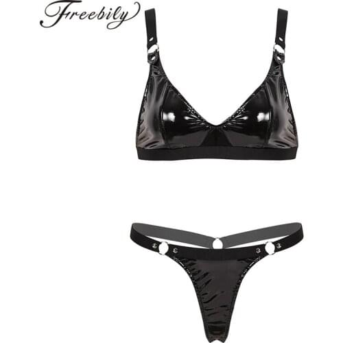 Women Ladies Wet Look Clubwear Bikini Womens Intimates Lingerie Set Elastic Shoulder Straps Bra Top with Mini Thong Underwear