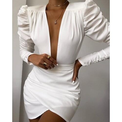 Deep V-neck Puff Sleeve Ruched Bodycon Dress Women Sexy Workwear Dresses