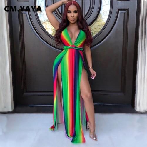 CM.YAYA Women Dress Striped Sleeveless V-neck Splited Floor-length Dresses Office Lady High Street Fashion Dress Summer Outfit