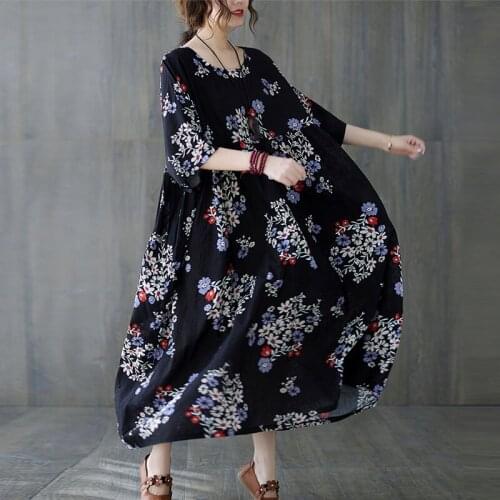 Oversize Cotton Maxi Long Dresses For Women Vintage Batwing Loose Plus Size 4XL 5XL 6XL Beach Boho Dress Robe Female Vestidos