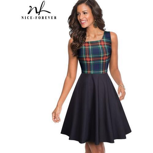 Nice-forever Summer Printed Pinup Dresses Casual Women Flare Sun Dress A082