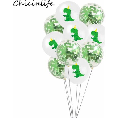 Chicinlife 10pcs Latex Dinosaur Balloons Green Confetti Balloon Dinosaur Kids Birthday Party Decoration Jungle Party Supplies