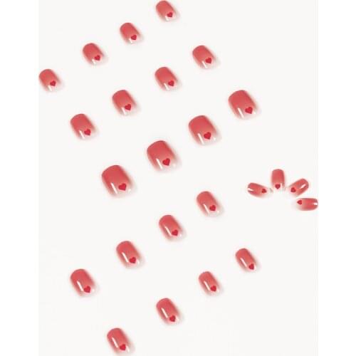 24pcs Red Heart Shape Wear Short Paragraph Fashion Manicure Patch False Nails Save Time Wearable Nail Patch MPwell