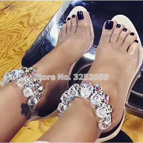 Stylish Jewelry Beaded Women Sandals Super Stiletto High Heel Open Toe Clear Gem Wedding Shoes Crystal Bling Bling Party Shoes