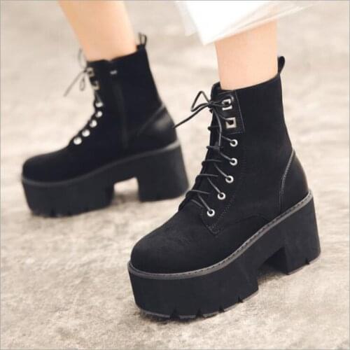 New Platform high heel suede lace Up Ankle Boots Suede Leather women Flat platform Short Boots Ladies shoes fashion Autumn boots