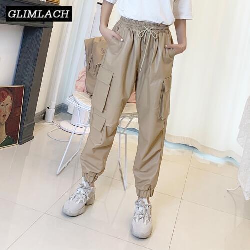 Real Leather Cargo Pants Women Sheepskin Genuine Leather Trousers Joggers Loose Streetwear Elastic Waist Multi Pockets Female