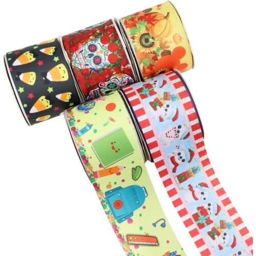 Flower Mexico Style Halloween School Cartoon Printed Grosgrain Ribbon Party Decoration 10 Yard DIY Bow Bag Material Handmade