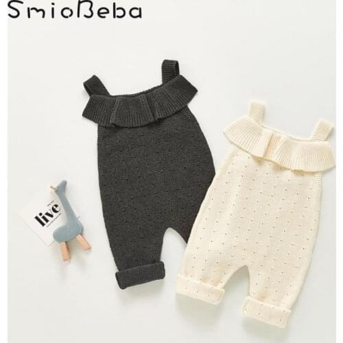 Ins Korean Style Seeveless Bodysuits Babys Clothing Girls Knitting Wool One-piece Cotton Pick Hole Strap Belt Solid Boys Romper