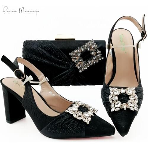 2021 Lastest Nigerian Fashion Black Color Square Crystal Style Italian Design Women Shoes and Bag Set for Party Wedding