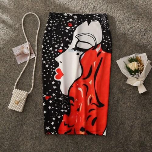 Summer New 2021 Printed Cartoon Character Graffiti One-Step Skirt Pencil Skirt Casual Girls Pattern Midi Skirts