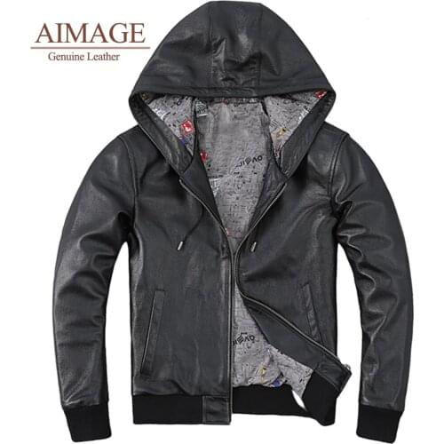 6XL Hooded men Genuine leather jacket New autumn winter mens leather motorcycle jacket Black Jacket Men Biker coat PY132