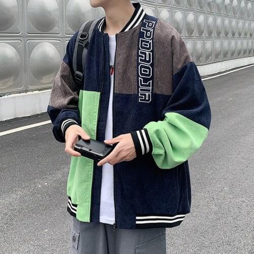 Mens Baseball Corduroy Jacket Plus Size 5XL Autumn Patchwork Embroidery Casual Jackets Men Fashion Zipper Coats Streetwear