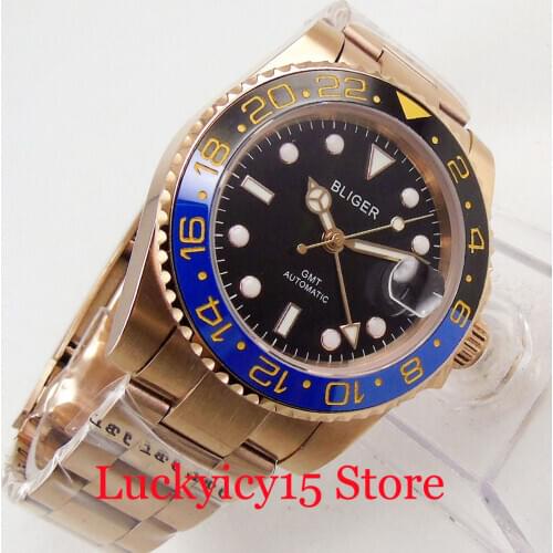 New BLIGER Rose Gold Black Dial Sapphire Glass Automatic Men Watch Deployment Clasp Rotating Bezel
