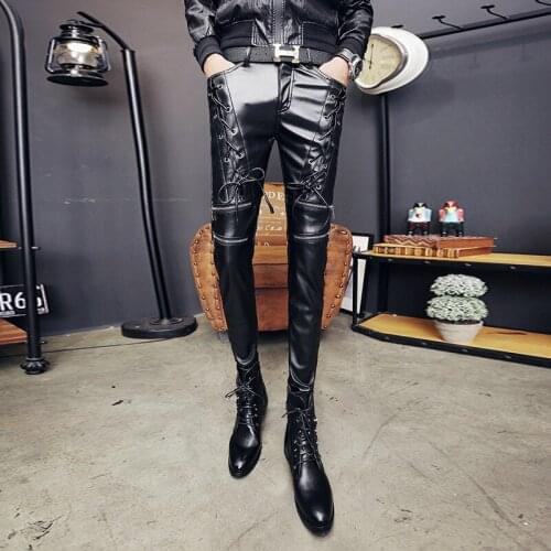Mens Leather Pants Winter Compound Thickening Slimmed Small Feet Mens Tide Non-mainstream Personality