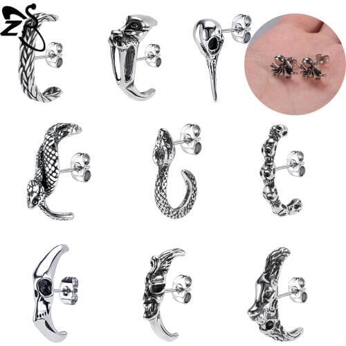 ZS Punk Skull Earrings 316L Stainless Steel Stud Earring for Men Gothic Jewelry Rock Roll Ear Studs Hip Hop Earrings