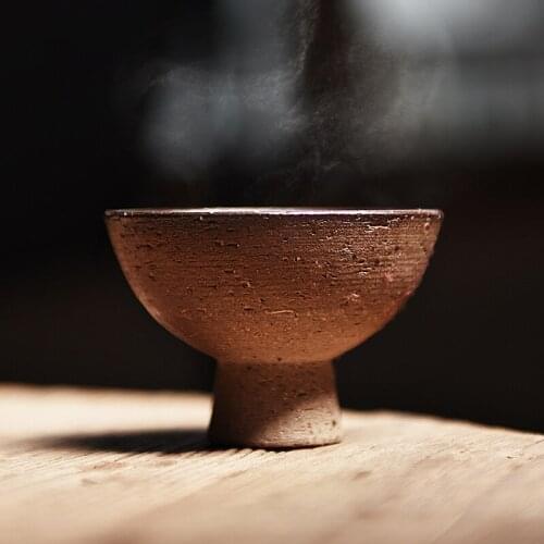 Raw rough pottery retro wood fired tea cup tea cup Kung Fu tea cup Zen Master Cup high foot cup Longquan celadon