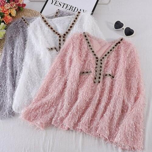 New Spring Autumn Sweet Solid Tassel Knitted T-Shirts Women Elegant V-Neck Long Sleeve Pullovers t shirt Casual Loose Short Tops