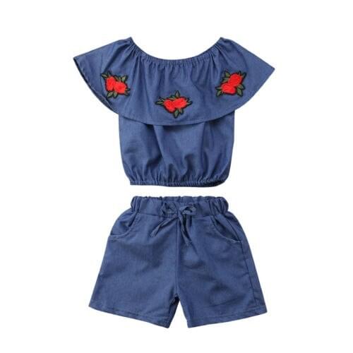 Toddler Girls Clothes Soft Denim Embroidered Flowers Tops Pants 2PCS Outfits Set Size 2-6T
