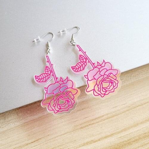 Exaggerated Colorful Changing Laser Red Rose Acrylic Earrings for Women Long Tassel Abstract Art Flowers Unique Drop Earrings