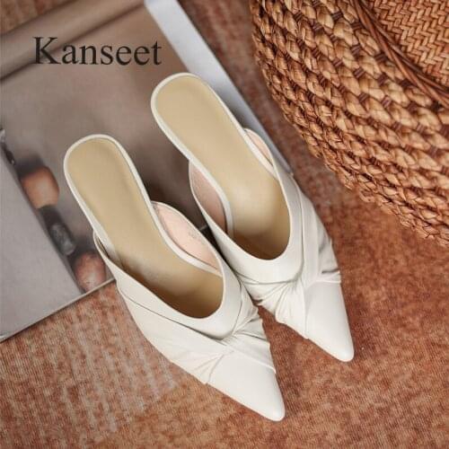 Kanseet Mules Pointed Toe 2021 Summer New Women Slippers Genuine Leather Thin Heels Handmade Outdoors Mid Heels Slippers Size 40