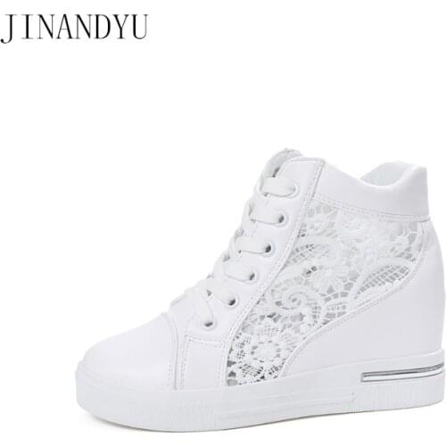 Lace Ladies Platform Shoes Casual Wedges Shoes for Women Hollow Out Silver White Sneakers Sport Shoes Lace-up High Heel Trainers