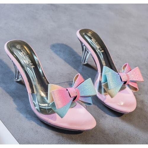 New Women Slippers High Heeled 6.5CM Butterfly-knot Women Casual Shoes Mules PVC Transparent Shoes Clear Open Toe Female Slipper
