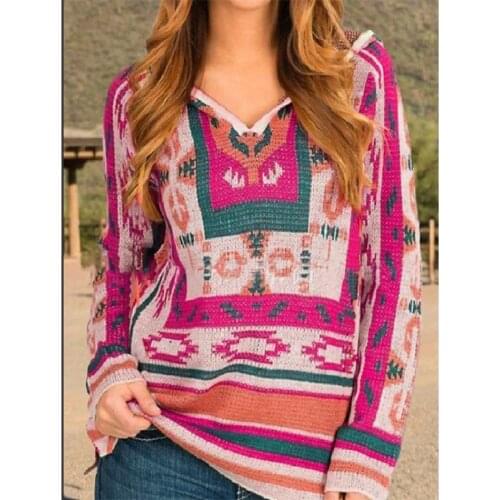 Autumn Women Ethnic Print Vintage Hooded Knitted Pullover Long Sleeve V-neck Casual Loose Top Jumpers 2021 New Hoodies Pullovers