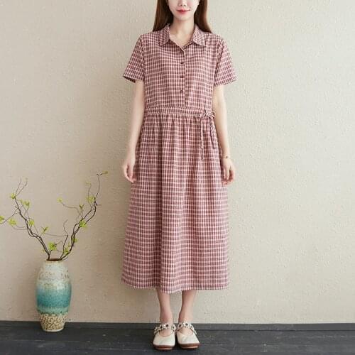 Turn-down Collar Fashion Plaid Blouse Dress 2021 New Arrival Cotton Loose Women Summer Casual Dress Office Lady OL Work Dress