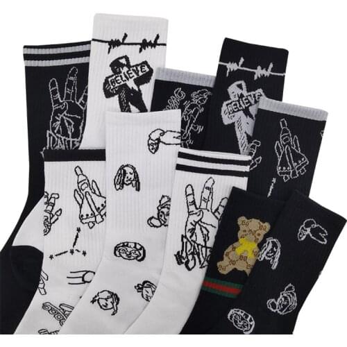 10 Pairs/Pack Men Woman Harajuku Pattern Hip-Hop Cotton Funny Novelty Socks Couple Streetwear Black White Breathable Long Socks