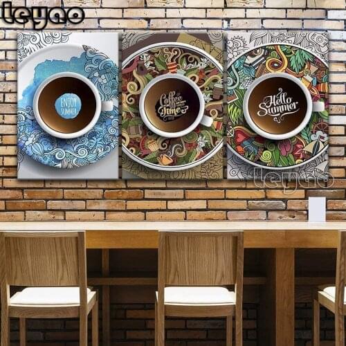 Diamond Embroidery 5d Triptych Coffee Cup on Doodle Style Board Diamond Painting Full Square/Round Drill Living Room Decoration