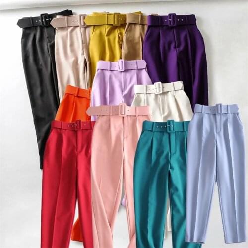 New Fashion Solid Women Casual Pants Slim Chic Sashes Business Pants Female Fake Zipper Retro Straight Trousers Pantalones Mujer
