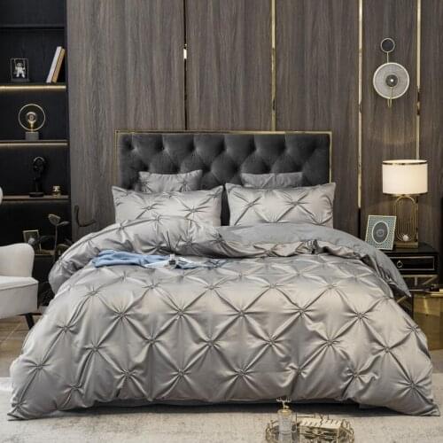 Faux Silk Cotton Full/Queen Size Silver Gray Pinch Plated Bedding set,Satin Cotton Duvet Cover 1 Cotton Bed Sheet 2 Pillowcases