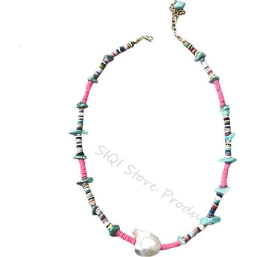 Ethnic Style Soft Clay Blue Stone Short Necklace Multicolor High Quality Handmade Beaded Pearl Necklacere Galos Para Mujer