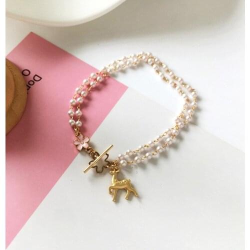 Cute Lovely Deer Flower Pearl Bracelet Bangles For Women Fashion Jewelry Japanese Trendy Accessories Sweet Romantic