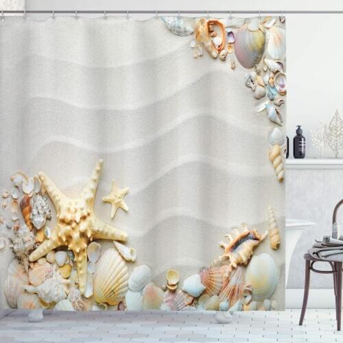 Starfish Shower Curtain Seacoast with Sand with Colorful Various Seashells Tropics Aquatic Wildlife Theme Bathroom