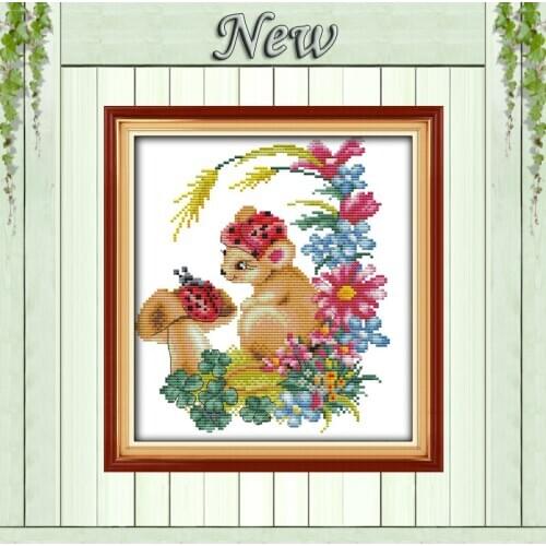 Mushrooms and a female mouse flowers painting Counted Print on canvas DMC Needlework Kits Embroidery Sets 14CT 11CT Cross Stitch