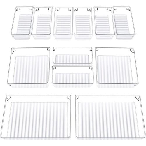 Set Of 12 Desk Drawer Organizer Trays with 3-Size Clear Plastic Storage Boxes Divider Make-Up Organiser for Office