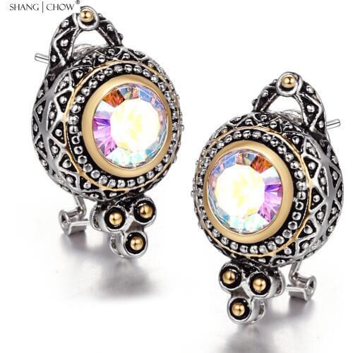New vintage Classic Jewelry Round Shape Rainbow Mystic stone 925 Sterling Silver Jewelry Earrings E0421