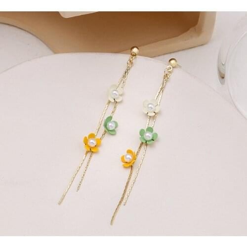 Origin Summer Korean Fashion Multicolor Flower Dangle Earring for Women Long Tassel Simulation Pearl Chain Necklace Jewellery