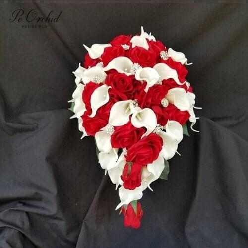 PEORCHID Luxurious Red Waterfall Wedding Bouquets Crystal Artificial Bridal flower Rose Brooch Bouquet Cascade For Bridesmaids