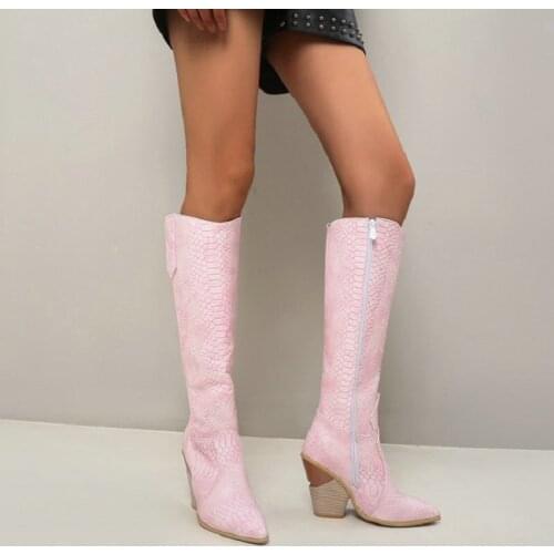 ZawsThia Punk Snakeskin Print Pink Pointed Toe Strange High Heels Womens Knee High Western Cowgirl Riding Boots Oversized 47 48