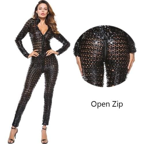 Sexy Lingerie Women Faux Leather Catsuit PVC Latex Bodysuit Zipper Open Crotch Stretch Bodystocking Hot Erotic Costumes Clubwear